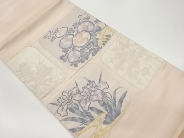 色紙に菊・菖蒲模様織出し袋帯